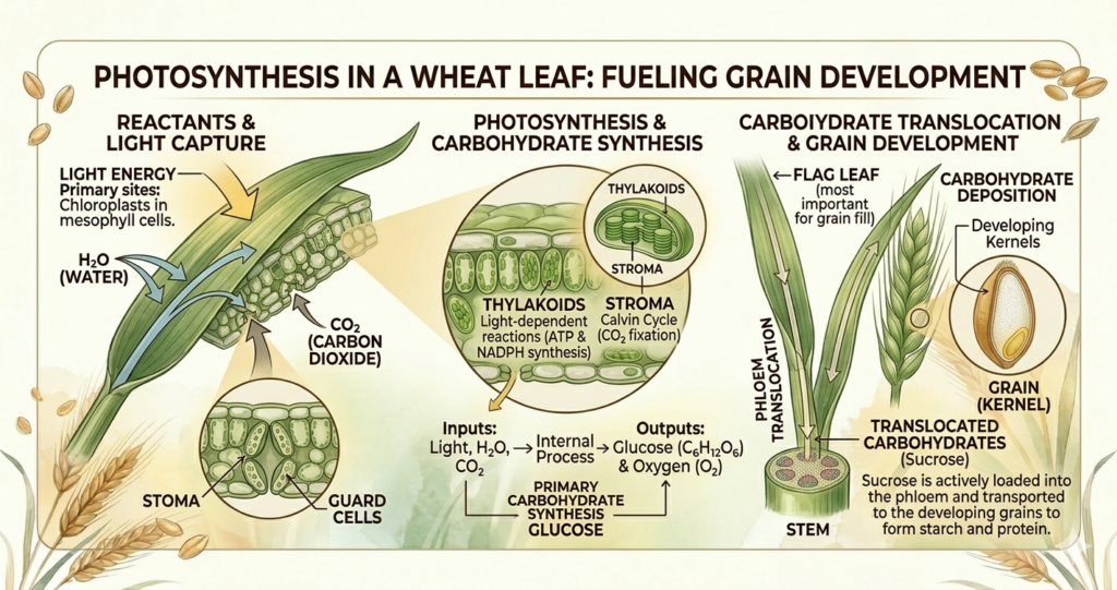 Wheat Photosynthesis - How Wheat Plants Produce Energy? 1 photosynthesis in wheat leaf producing carbohydrates for grain development