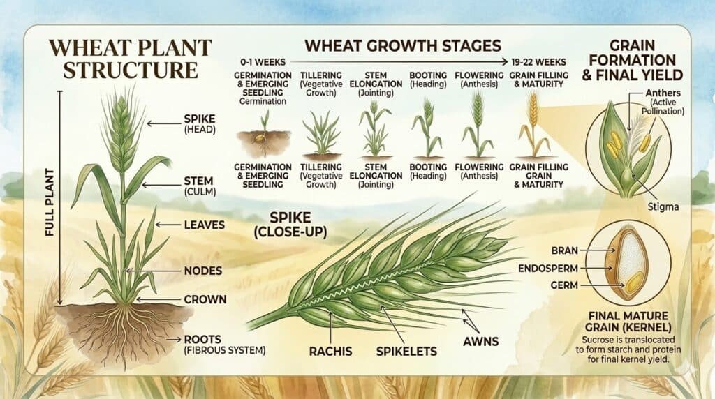 Wheat Crop (Triticum aestivum) - Complete Guide to Plant, Growth Stages, Types & Farming 1 wheat crop overview showing plant structure growth stages and grain formation