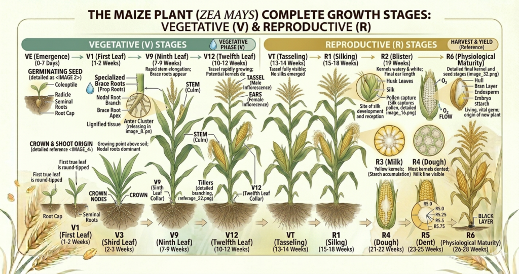 🌽 Maize Growth Stages Explained (From Germination to Harvest) 1 maize growth stages diagram showing vegetative and reproductive stages