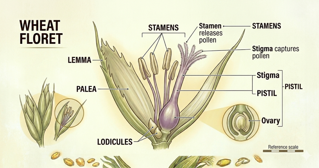 🌾 Wheat Flower Structure (Parts, Functions & Diagram Explained) 1 wheat flower structure diagram showing floret stamens pistil lemma and palea