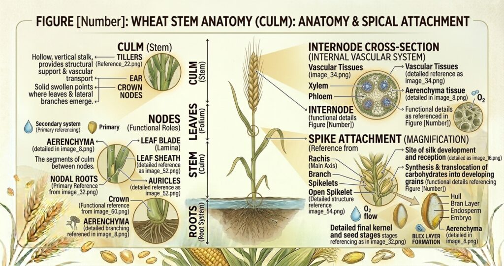 ๐พ Wheat Stem Structure (Parts, Functions & Diagram Explained) 1 wheat stem structure showing culm nodes internodes and vascular bundles