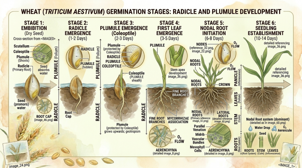 🌾 Wheat Germination (Stages, Process & Conditions Explained) 1 wheat germination stages showing radicle plumule and seedling development