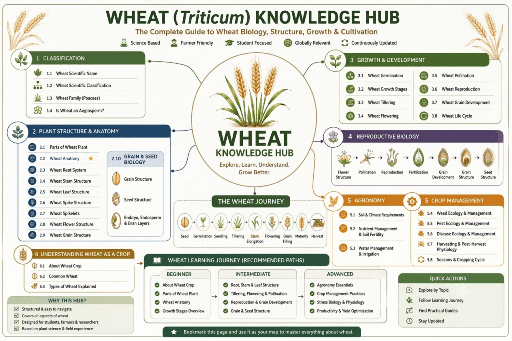 Wheat Crop (Triticum aestivum) - Complete Guide to Plant, Growth Stages, Types & Farming 2 Wheat (Triticum) Knowledge Hub – Biology, Structure, Growth & Cultivation